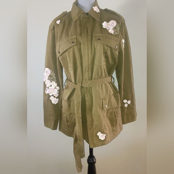 Rebecca Minkoff Franky Olive Green Floral Embroidered Military Jacket Medium - Picture 10 of 11